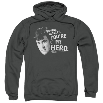 Charcoal pullover hoodie with Ferris Bueller's Day Off My Hero graphic