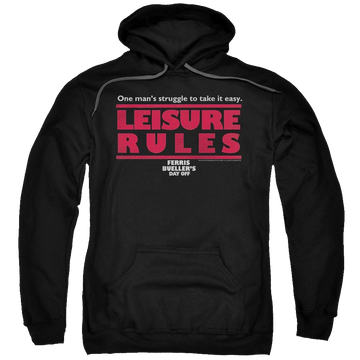 Black pullover hoodie with Ferris Bueller's Day Off Leisure Rules graphic