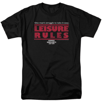Black men's regular fit t-shirt with Ferris Bueller's Day Off Leisure Rules graphic