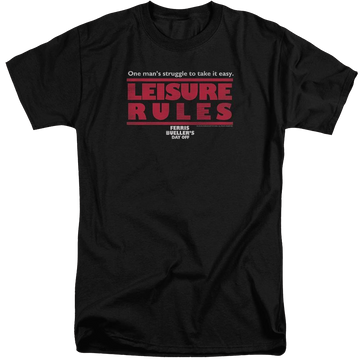 Black men's tall fit t-shirt with Ferris Bueller's Day Off Leisure Rules graphic