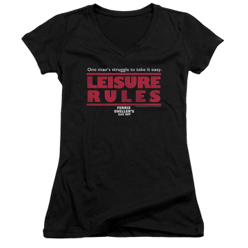 Black juniors v-neck t-shirt with Ferris Bueller's Day Off Leisure Rules graphic