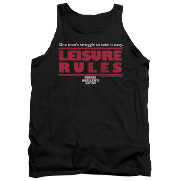 Black men's tank with Ferris Bueller's Day Off Leisure Rules graphic