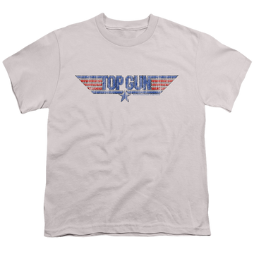 Silver youth t-shirt for ages 8 to 12 with Top Gun 8 Bit Logo graphic