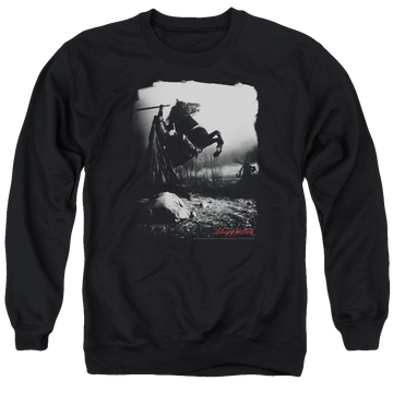 Black men's crewneck sweatshirt with Sleepy Hollow Foggy Night graphic