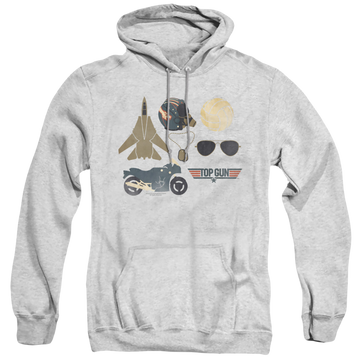 Athletic heather pullover hoodie with Top Gun Items graphic