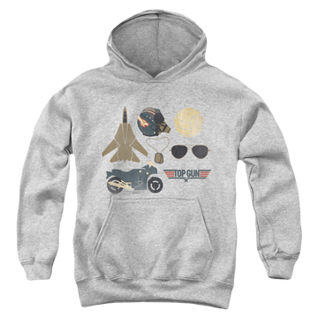 Athletic heather youth hoodie for ages 8 to 12 with Top Gun Items graphic