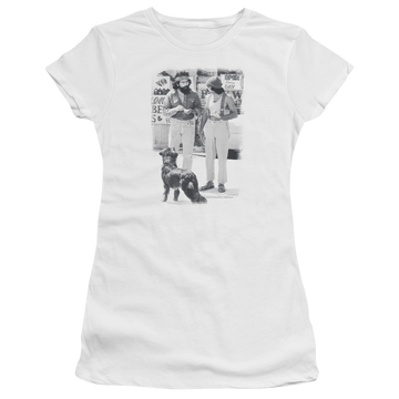 White juniors t-shirt with Cheech & Chong Up in Smoke Cheech Chong Dog graphic