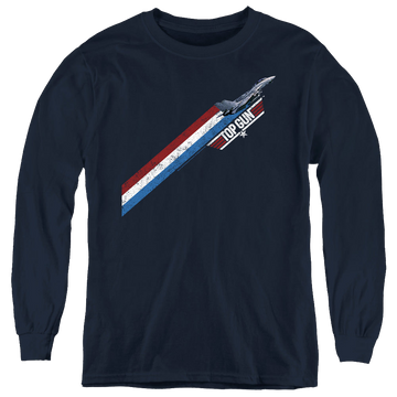 Navy youth long sleeve t-shirt with Top Gun Stripes graphic
