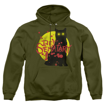 Military green pullover hoodie with Pet Sematary Graphic Cat graphic
