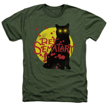 Military green men's heather t-shirt with Pet Sematary Graphic Cat graphic