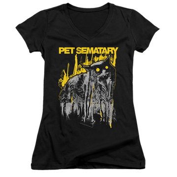 Black juniors v-neck t-shirt with Pet Sematary Decay graphic