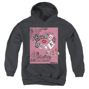 Black youth hoodie for ages 8 to 12 with Mean Girls Burn Book graphic