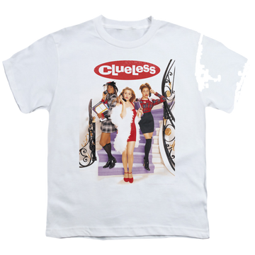 White youth t-shirt for ages 8 to 12 with Clueless Poster graphic