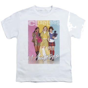 White youth t-shirt for ages 8 to 12 with Clueless Whatever graphic