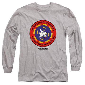 Athletic heather men's long sleeve t-shirt with Top Gun Fighter Weapons School graphic