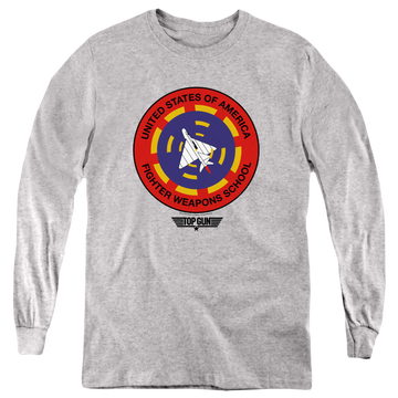 Athletic heather youth long sleeve t-shirt with Top Gun Fighter Weapons School graphic