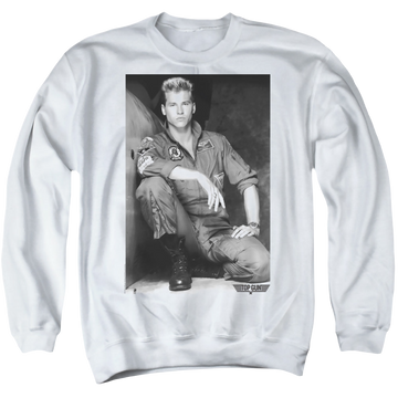 White men's crewneck sweatshirt with Top Gun Fresh Ice graphic
