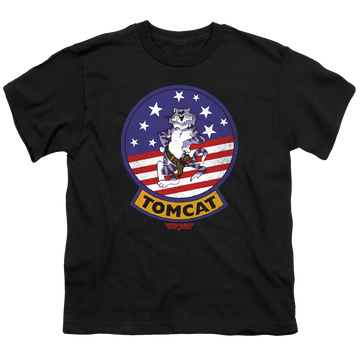 Black youth t-shirt for ages 8 to 12 with Top Gun Tomcat Sigil graphic