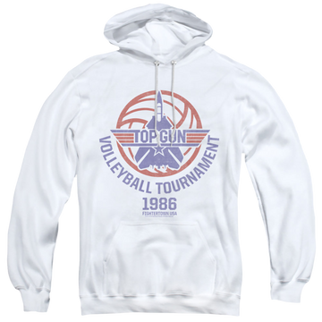 White pullover hoodie with Top Gun Volleyball Tournament graphic