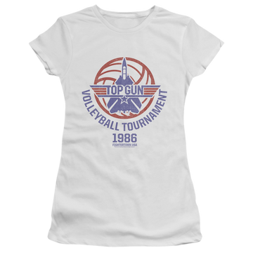 White juniors t-shirt with Top Gun Volleyball Tournament graphic