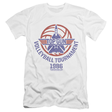 White men's premium slim fit t-shirt with Top Gun Volleyball Tournament graphic