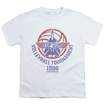 White youth t-shirt for ages 8 to 12 with Top Gun Volleyball Tournament graphic