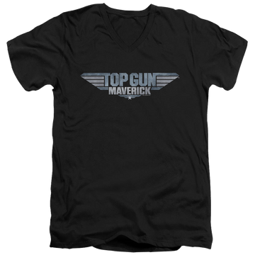 Black men's v-neck t-shirt with Top Gun Maverick Logo graphic