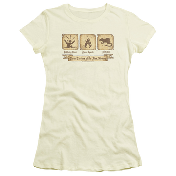 Cream juniors t-shirt with The Princess Bride Three Terrors graphic