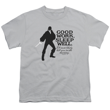 Silver youth t-shirt for ages 8 to 12 with The Princess Bride Good Work graphic