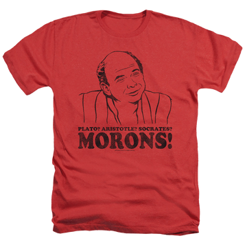Red men's heather t-shirt with The Princess Bride Morons graphic
