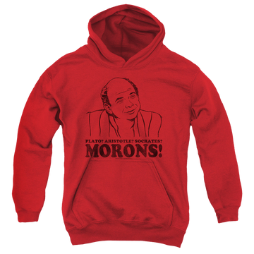 Red youth hoodie for ages 8 to 12 with The Princess Bride Morons graphic