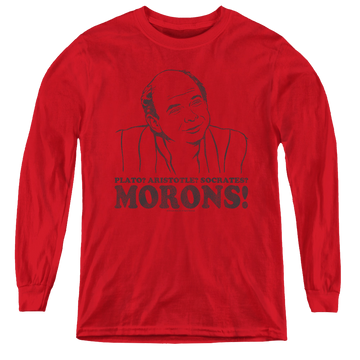 Red youth long sleeve t-shirt with The Princess Bride Morons graphic