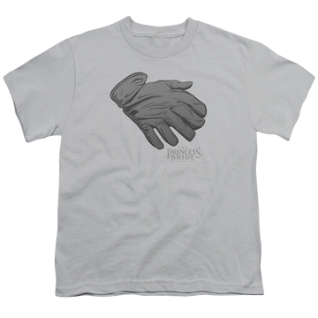 Silver youth t-shirt for ages 8 to 12 with The Princess Bride Six Fingered Glove graphic