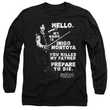 Black men's long sleeve t-shirt with The Princess Bride Hello Again graphic