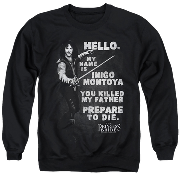 Black men's crewneck sweatshirt with The Princess Bride Hello Again graphic
