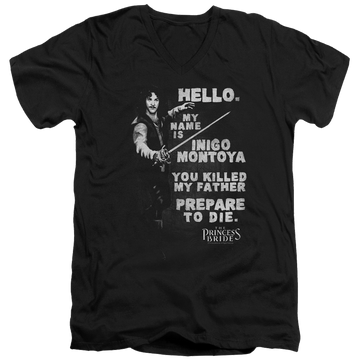 Black men's v-neck t-shirt with The Princess Bride Hello Again graphic