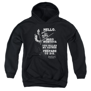Black youth hoodie for ages 8 to 12 with The Princess Bride Hello Again graphic