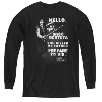 Black youth long sleeve t-shirt with The Princess Bride Hello Again graphic