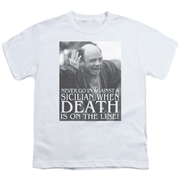 White youth t-shirt for ages 8 to 12 with The Princess Bride Sicilian graphic