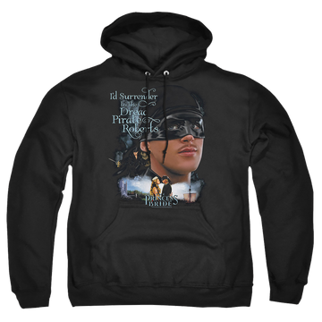 Black pullover hoodie with The Princess Bride Surrender graphic