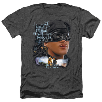 Charcoal men's heather t-shirt with The Princess Bride Surrender graphic