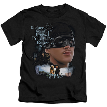 Black kid's t-shirt for ages 4 to 7 with The Princess Bride Surrender graphic