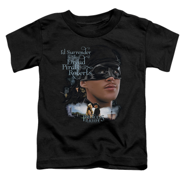 Black toddler t-shirt with The Princess Bride Surrender graphic