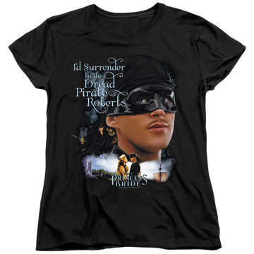 Black women's t-shirt with The Princess Bride Surrender graphic