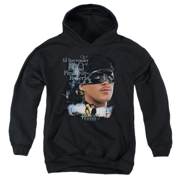 Black youth hoodie for ages 8 to 12 with The Princess Bride Surrender graphic