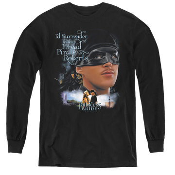 Black youth long sleeve t-shirt with The Princess Bride Surrender graphic