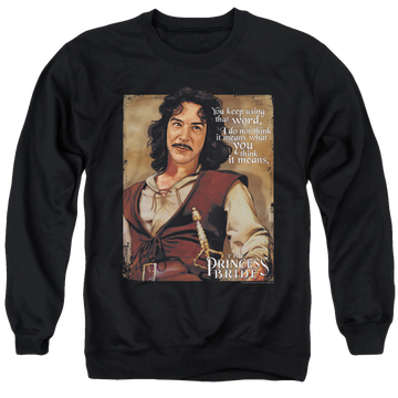 Black men's crewneck sweatshirt with The Princess Bride Word graphic
