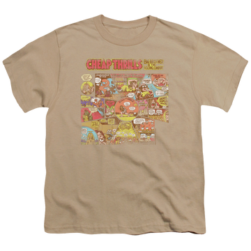 Sand youth t-shirt for ages 8 to 12 with Big Brother And The Holding Company Cheap Thrills graphic
