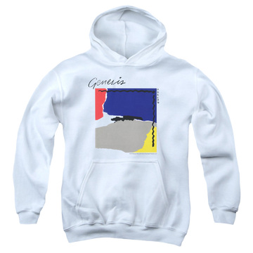 White youth hoodie for ages 8 to 12 with Genesis Abacab graphic