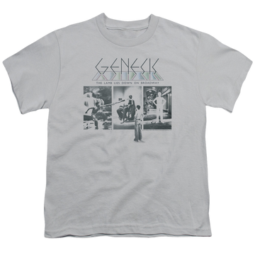 Silver youth t-shirt for ages 8 to 12 with Genesis The Lamb Down On Broadway graphic
